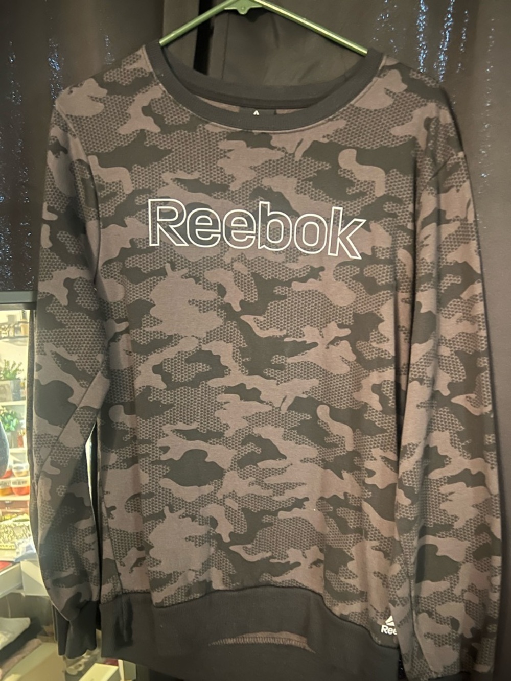 Reebok Womans Black and Gray Camo Pullover Sweatshirt
